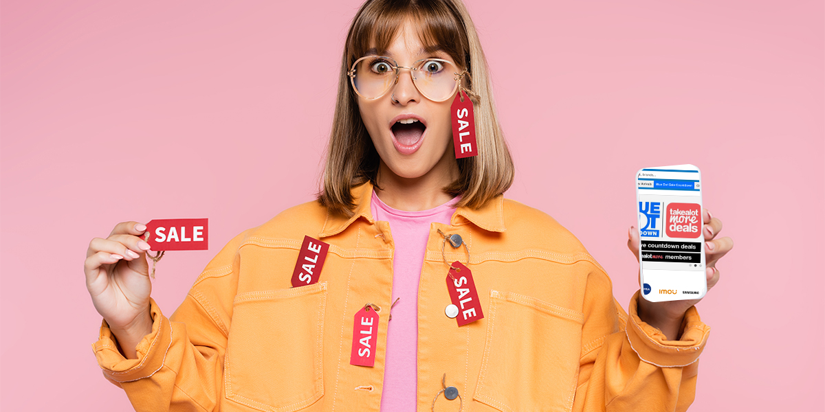 iFama shows surprised girl with sale tags and online sales app on phone